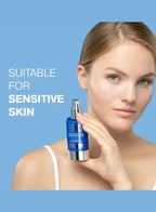 Woman holding a blue Librederm bottle with 'Suitable for Sensitive Skin' text on a blue background