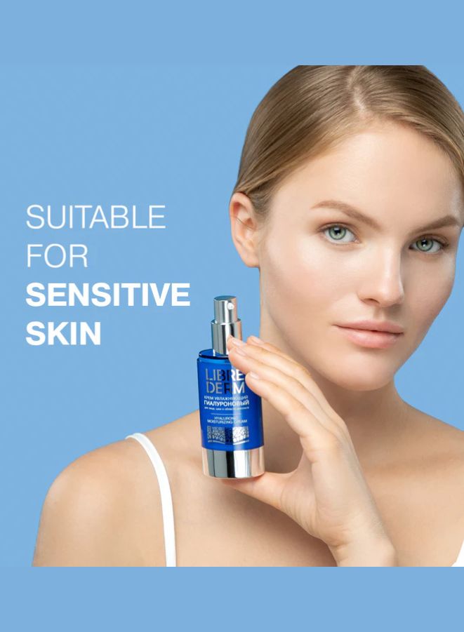 Woman holding a blue Librederm bottle with 'Suitable for Sensitive Skin' text on a blue background
