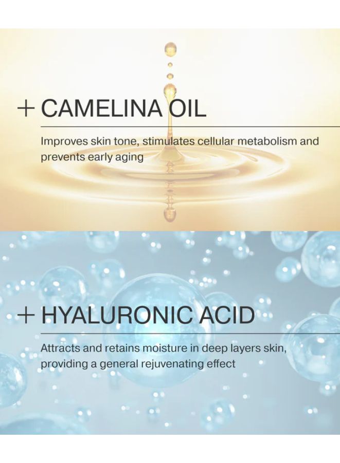 Active ingredients Camelina oil and Hyaluronic Acid text on a light background