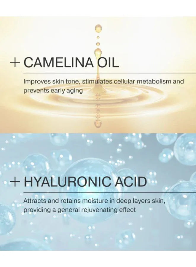 Active ingredients Camelina oil and Hyaluronic Acid text on a light background