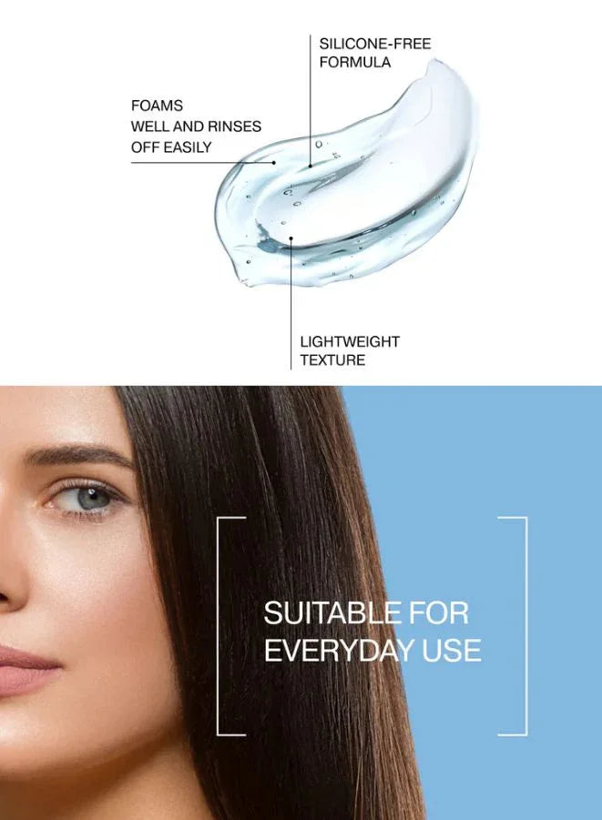 Product packaging with text highlighting features and a close-up of a person with long hair.