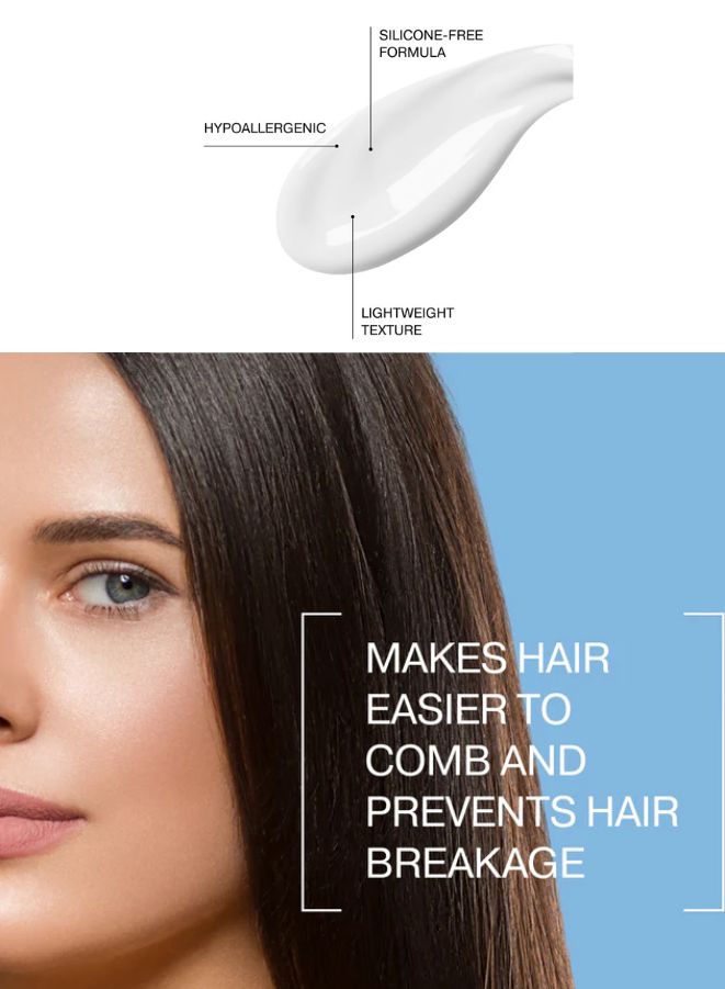 Product advertisement with a close-up of hair and a woman's face, highlighting features like silicone-free formula and lightweight texture.