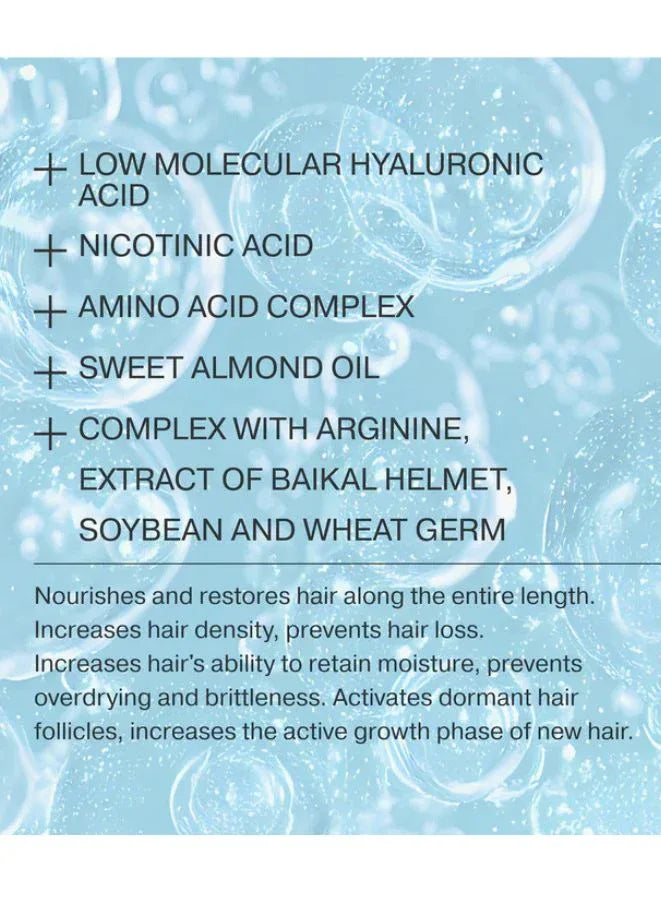 List of ingredients with a blue background and water droplets.