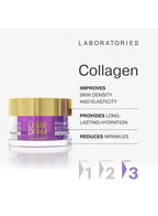 Cosmetic jar with purple label on a white background, featuring text about collagen benefits.