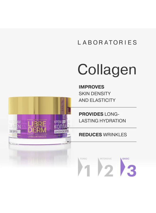 Cosmetic jar with purple label on a white background, featuring text about collagen benefits.