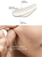 Skincare product being applied to skin with text highlighting its features.