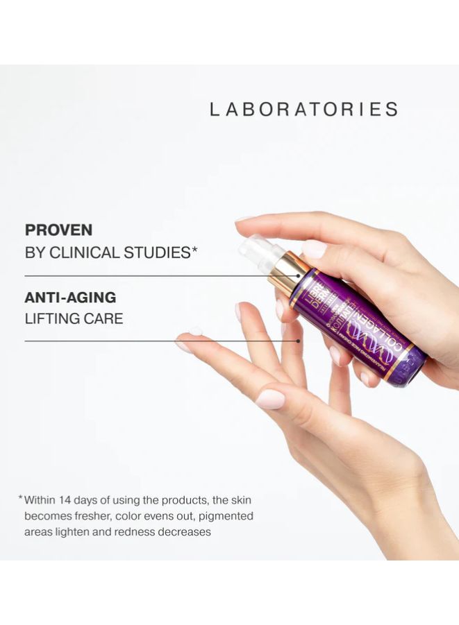 Hand holding a purple Librederm bottle with text about clinical studies and anti-aging benefits on a white background.