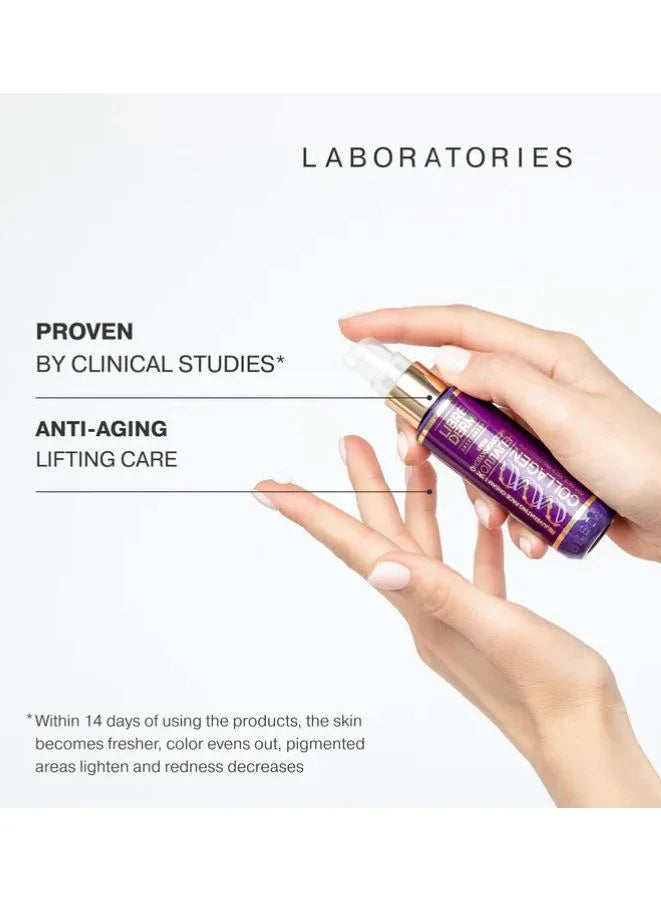 Hand holding a purple Librederm bottle with text about clinical studies and anti-aging benefits on a white background.