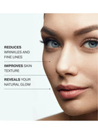 Close-up of a woman's face with text highlighting skin care benefits on a white background