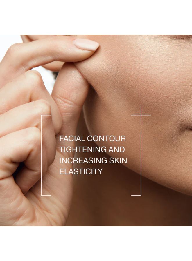 Close-up of skin with text about facial contour tightening and increasing skin elasticity