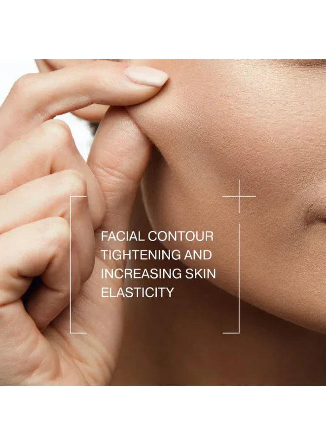 Close-up of skin with text about facial contour tightening and increasing skin elasticity