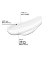 White cream swatch with text indicating properties on a white background