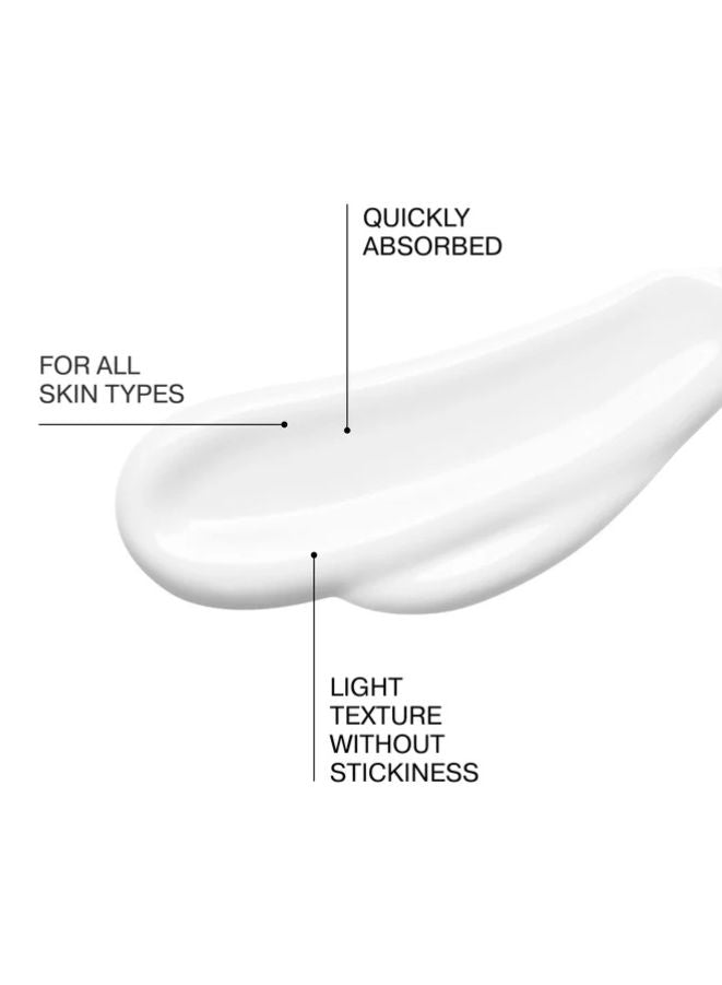 White cream swatch with text indicating properties on a white background