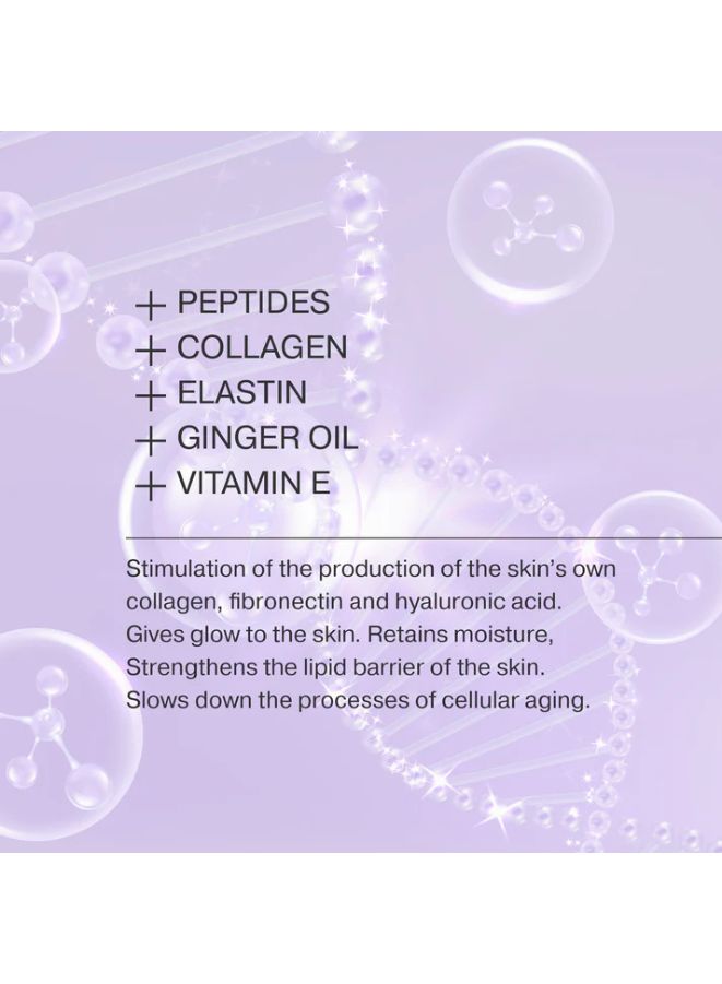 List of skin care ingredients on a purple background with molecular structures.