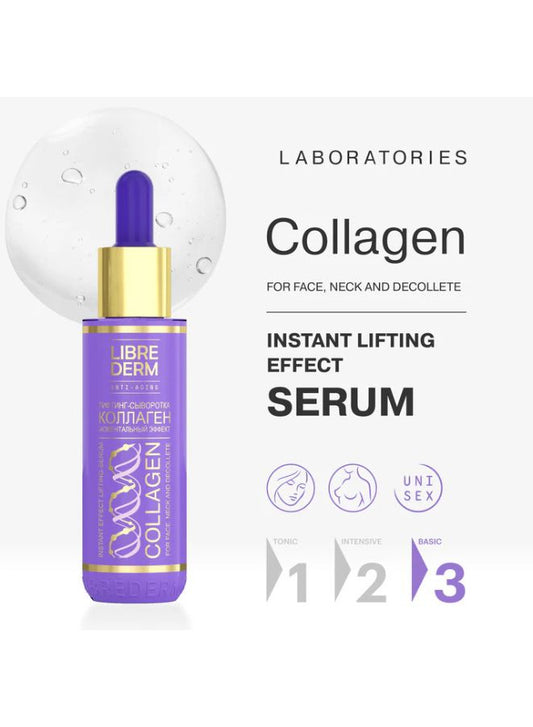 Collagen serum bottle with dropper on a white background