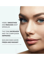 a close-up of a woman's face with text about skincare benefits of Librederm.