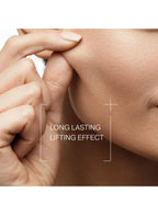 Close-up of a hand touching skin with text 'Long Lasting Lifting Effect' on a beige background