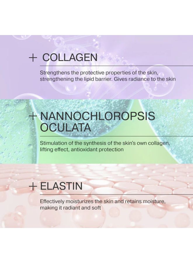 Product packaging with text about collagen, Nannochloropsis oculata, and elastin on a gradient background.