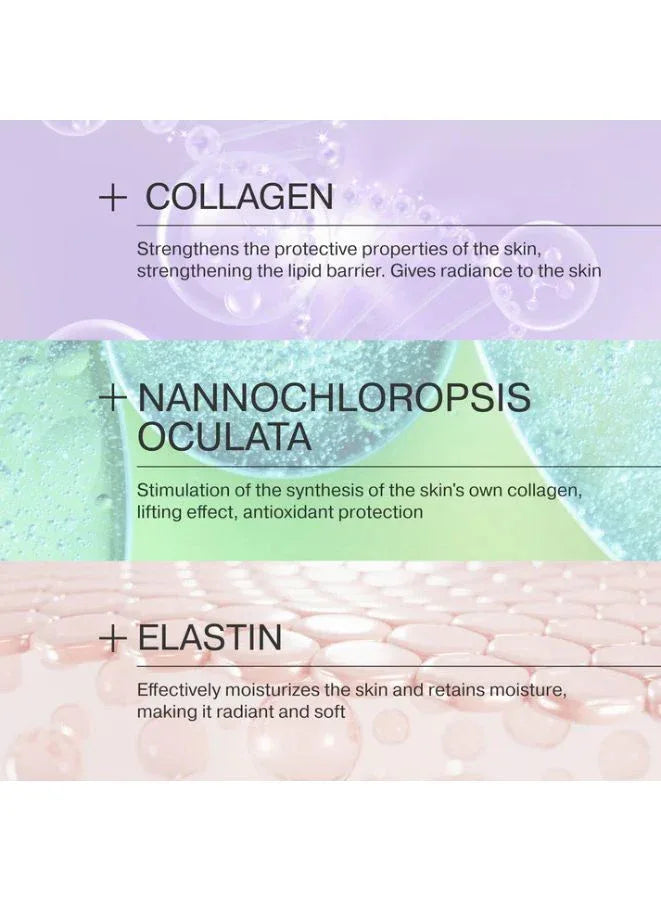 Product packaging with text about collagen, Nannochloropsis oculata, and elastin on a gradient background.