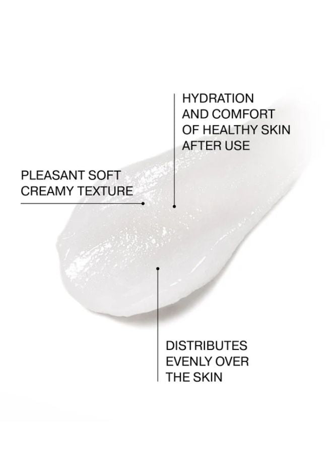 White cream on a white background with text describing its properties