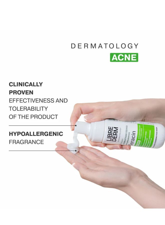 Hand holding Librederm product with text highlighting dermatology, acne, clinical proven effectiveness, and hypoallergenic fragrance.
