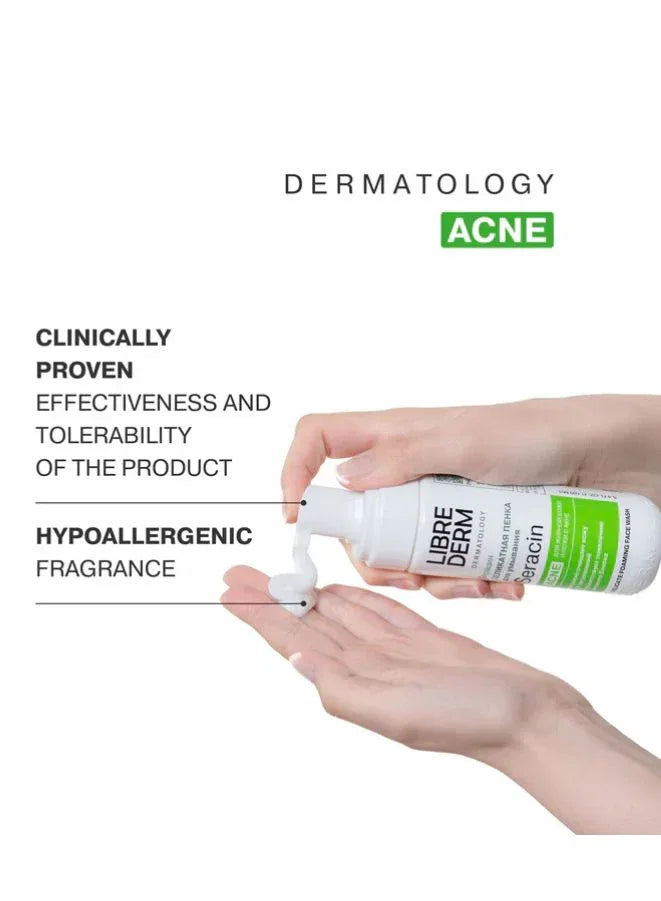 Hand holding Librederm product with text highlighting dermatology, acne, clinical proven effectiveness, and hypoallergenic fragrance.