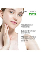 Woman's face with acne treatment benefits listed on a white background