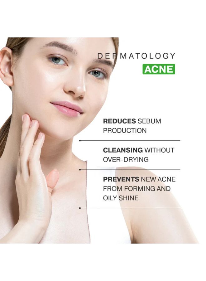 Woman's face with acne treatment benefits listed on a white background
