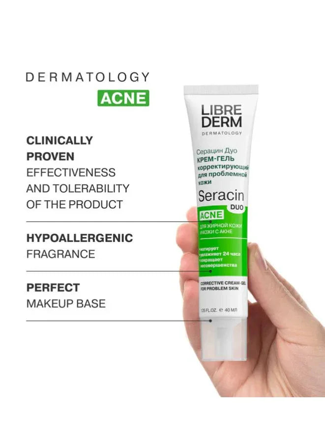 Tube of Librederm Seracin Acne cream held by a hand with product details on a white background