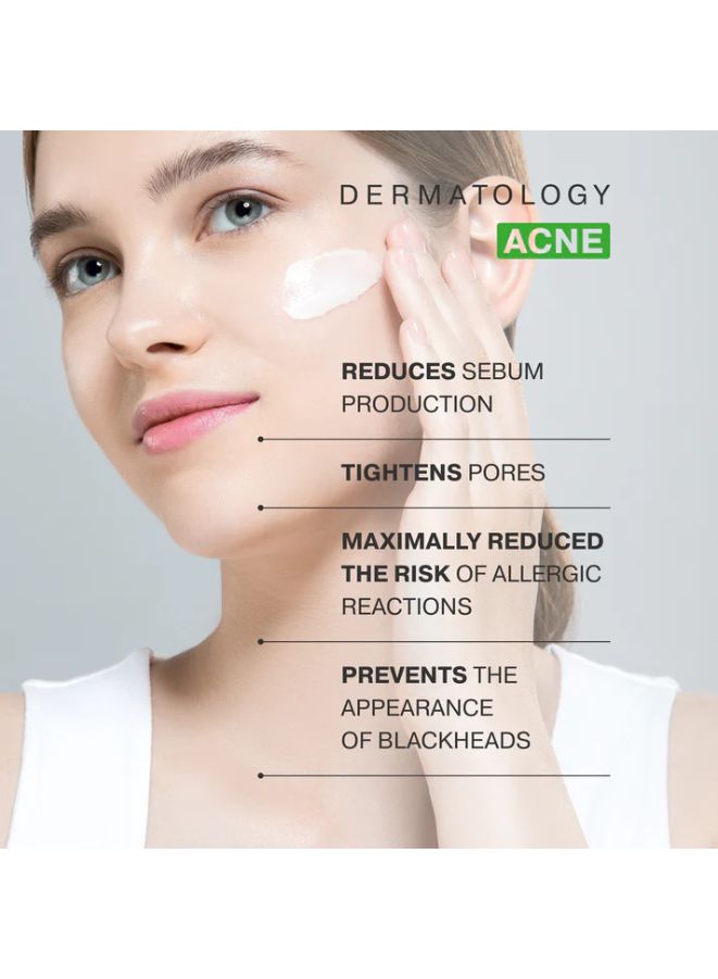 Woman applying cream to her face with text detailing dermatology acne benefits on a gray background
