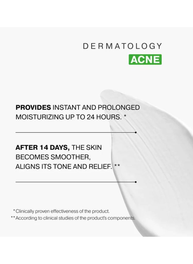 Product packaging with text on dermatology and acne treatment on a white background
