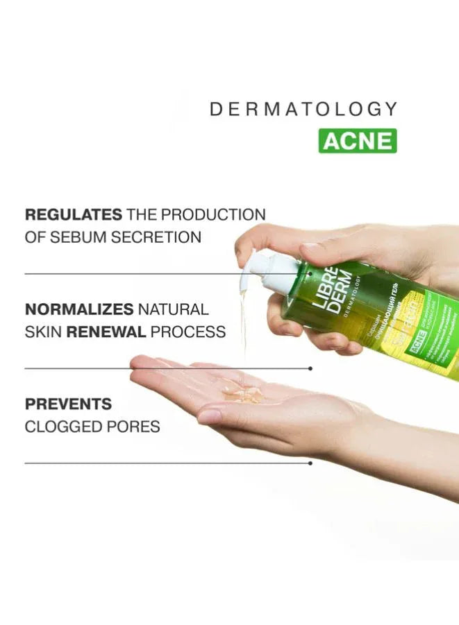Hand holding a bottle of Librederm product with text on dermatology and acne solutions.
