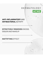 Product packaging with text highlighting dermatology benefits on a white background