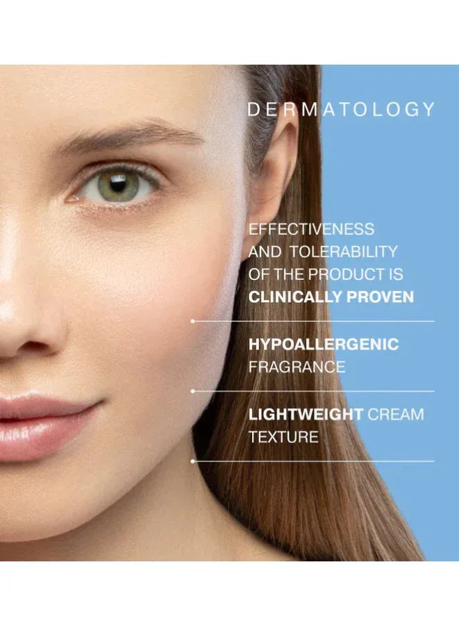 Woman's face with text highlighting dermatology benefits on a blue background