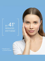 Woman applying cream to her face with a blue background and text about reducing erythema.