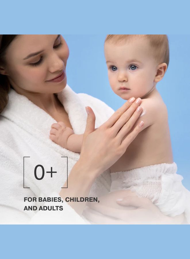 Woman holding a baby with a blue background and text indicating product suitability for babies, children, and adults.