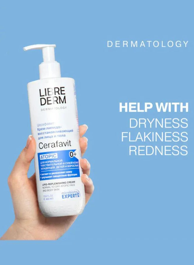 Librederm CeraFavit bottle held in a hand with blue background and text about dryness, flakiness, and redness.