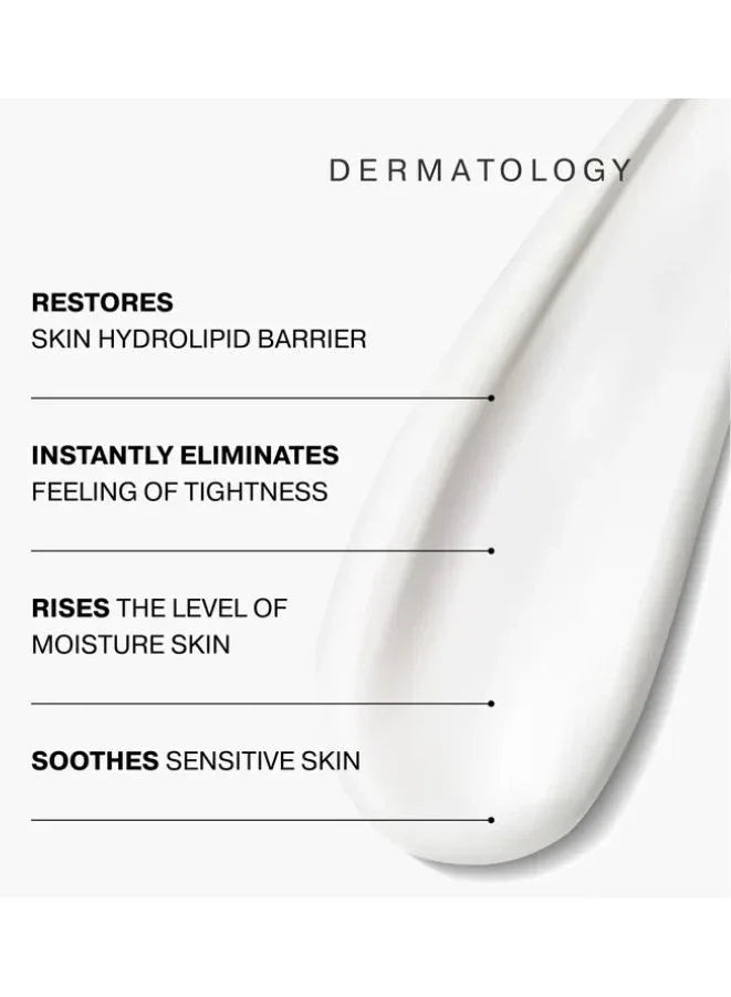 Text detailing skincare benefits with a close-up of a skincare product on a white background.