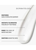 Text detailing skincare benefits with a close-up of a skincare product on a white background.
