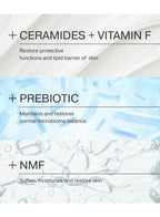 Skincare product packaging with ingredients like ceramides, vitamin F, prebiotic, and NMF on a white background.