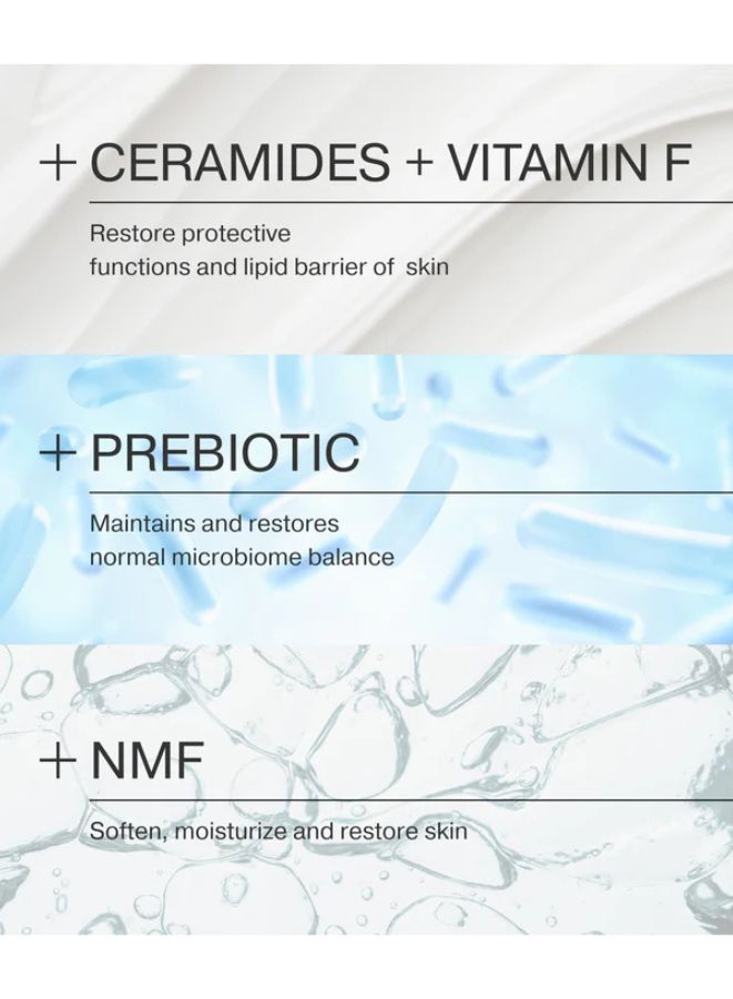 Skincare product packaging with ingredients like ceramides, vitamin F, prebiotic, and NMF on a white background.