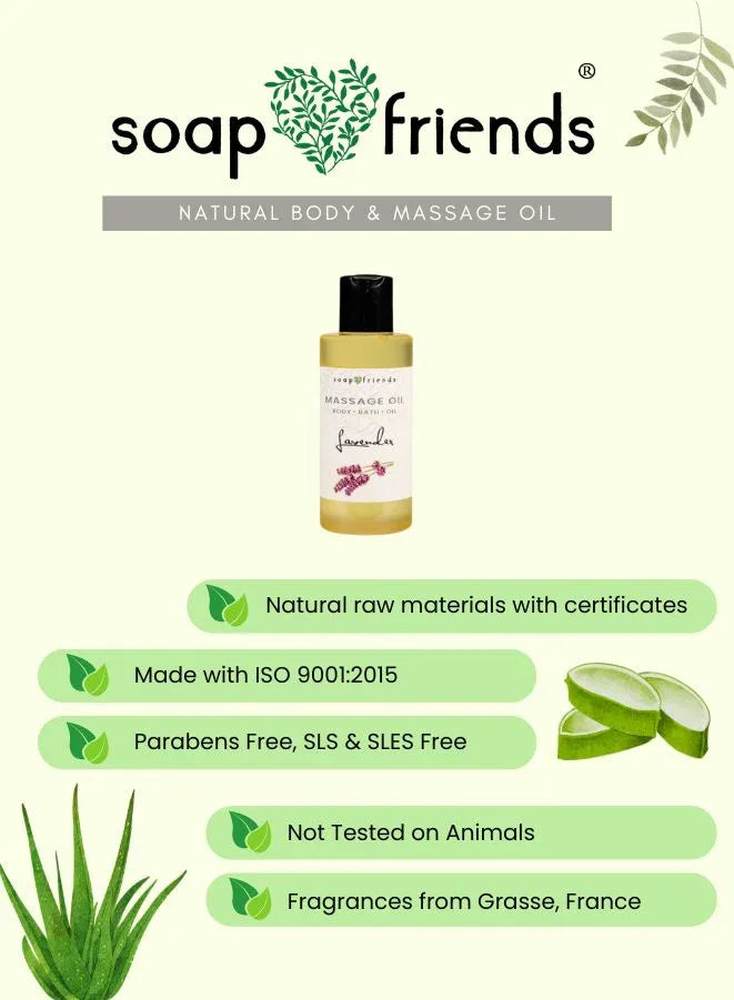Soap & Friends natural body and massage oil with product and certification details on a light green background.