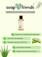 Soap & Friends natural body and massage oil with product and certification details on a light green background.