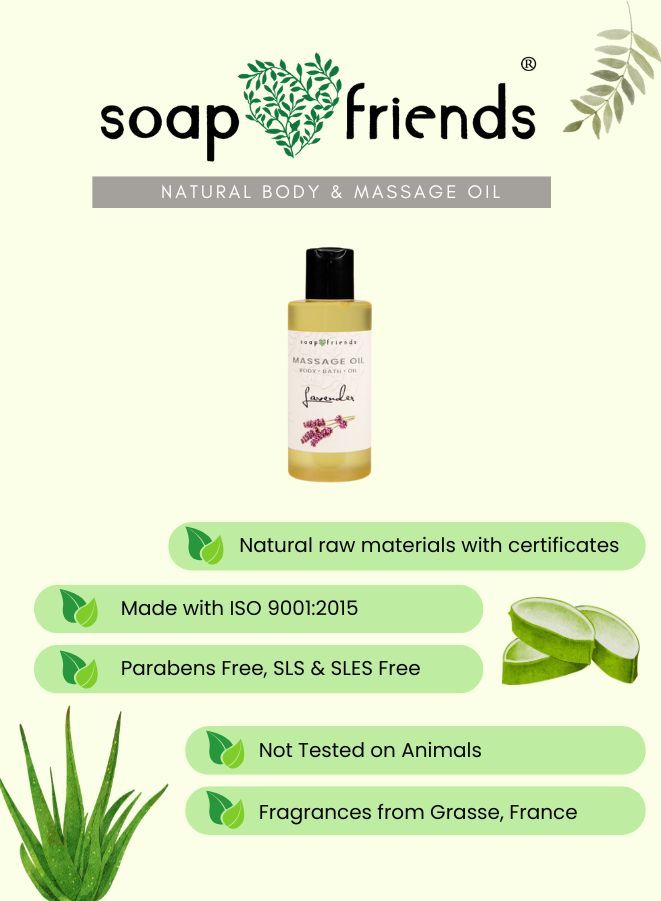 Soap & Friends natural body and massage oil with product and certification details on a light green background.