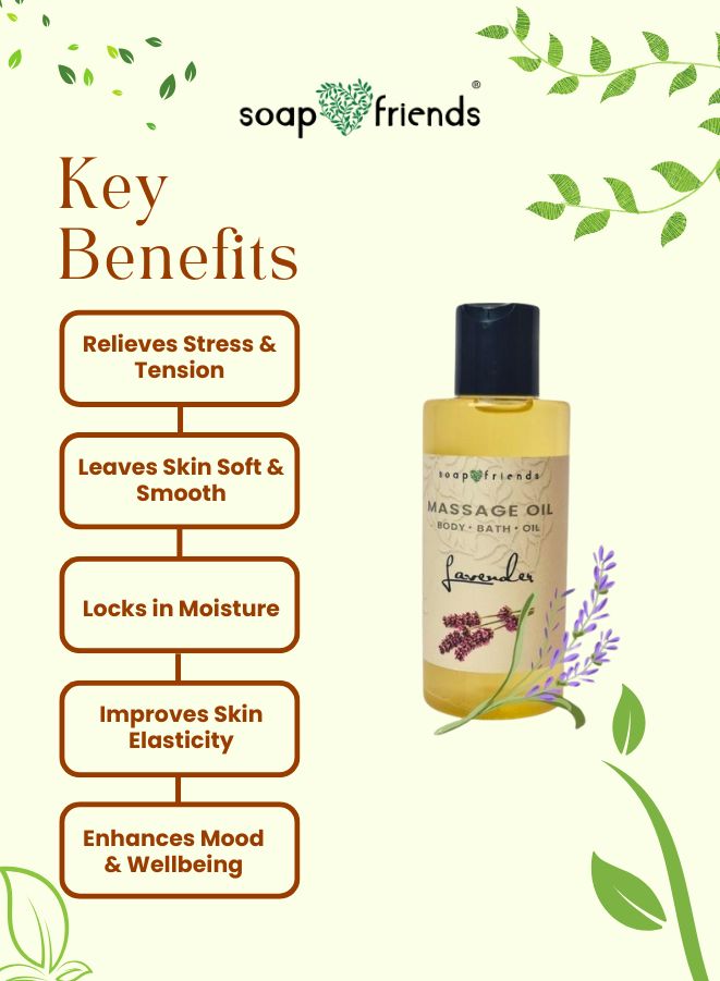 Soap & Friends massage oil bottle with key benefits listed on a green leafy background