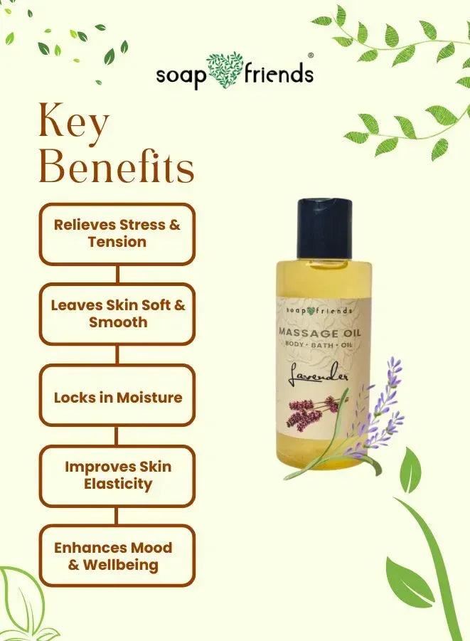 Soap & Friends massage oil bottle with key benefits listed on a green leafy background