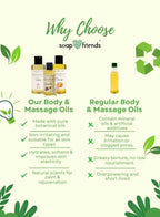 Comparison chart of 'Soap & Friends' body and massage oils with green leaf graphics.