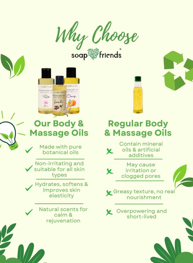 Comparison chart of 'Soap & Friends' body and massage oils with green leaf graphics.