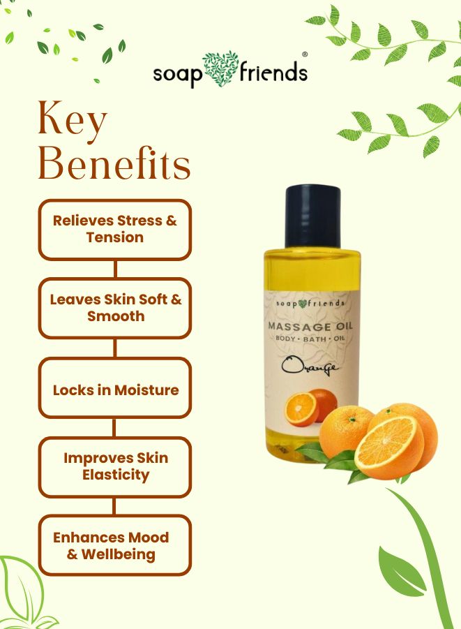 Soap & Friends Orange Massage Oil with key benefits listed on a light green background