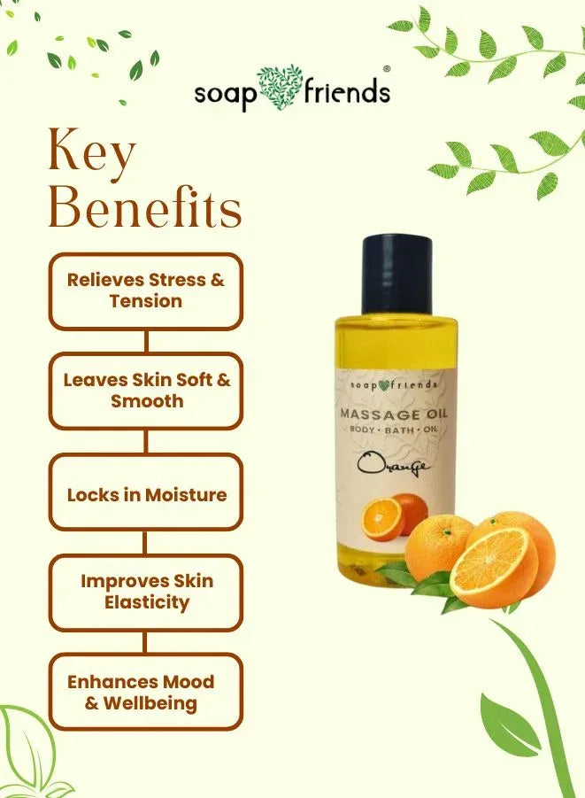 Soap & Friends Orange Massage Oil with key benefits listed on a light green background
